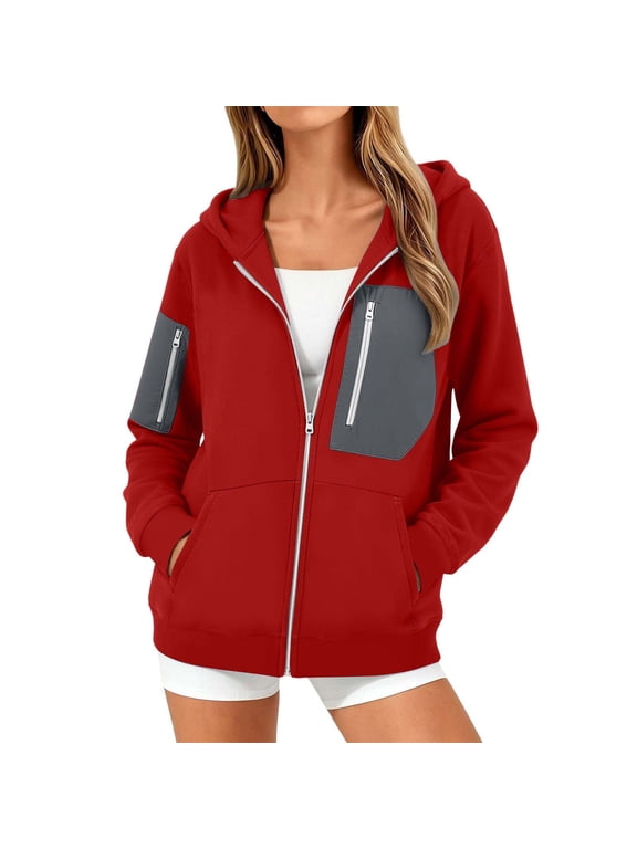 Womens Color Block Zip Front Hood Pocket Loose Fleece Jacket Thick Fabric Autumn Winter Home Leisure Workout Friend Gathering Loungewear