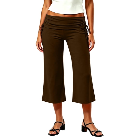 Lnmiateer Womens Fold Over High Waist Cropped Flared Yoga Pants Soft Stretch Casual Capri Trousers Autumn Winter Office Dating Friend Gathering Outfit