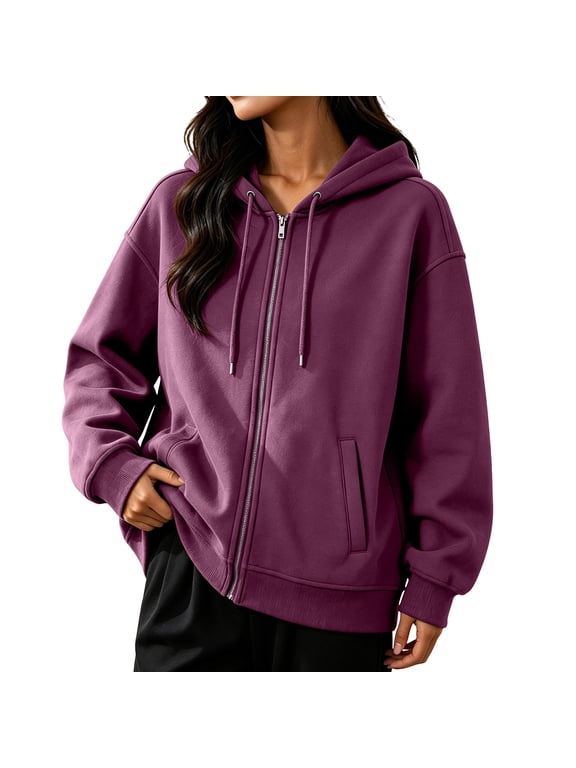 Womens Full Zip Hooded Loose Pocket Sweatshirt Thick Poly Fabric Autumn Winter Home Leisure Friend Gathering Comfort Loungewear Jacket