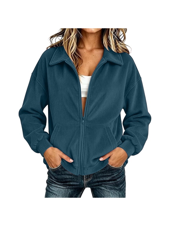 Womens Lapel Zip Up Corduroy Loose Pocket Jacket Thick Corduroy Fabric Autumn Winter Home Leisure Friend Gathering Comfort Loungewear Coat