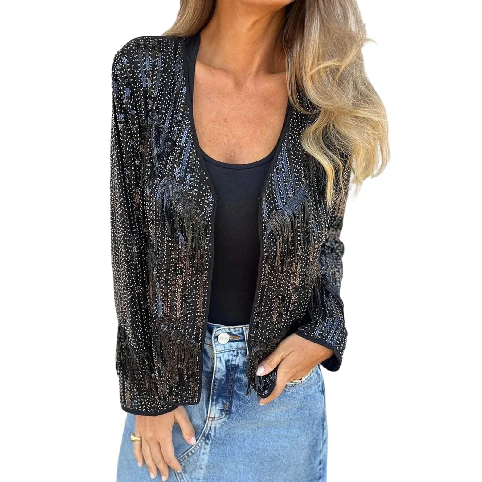 Lnmiateer Womens Long Sleeve Sparkly Sequin Open Front Jacket Lined ...