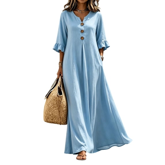 Lnmiateer Womens Solid V Neck Ruffle Sleeve Maxi Dress Decorative Buttons Loose A Line Pocket Casual Dress Autumn Winter Picnic Friend Gathering Outfit