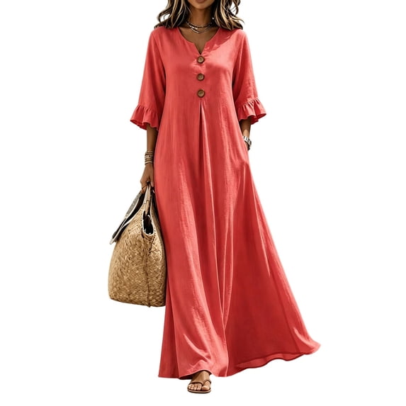 Lnmiateer Womens Solid V Neck Ruffle Sleeve Maxi Dress Decorative Buttons Loose A Line Pocket Casual Dress Autumn Winter Picnic Friend Gathering Outfit
