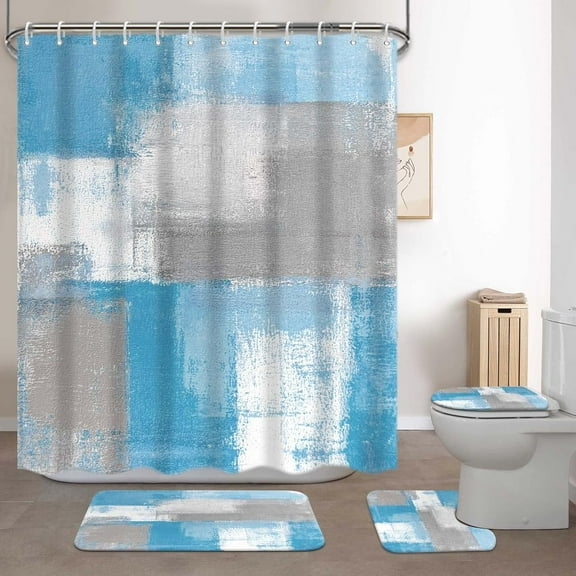 Lnond 4 Piece Blue Grey Bathroom Sets with Shower Curtain and Rugs, Bathroom Shower Curtain Sets with Mats and Accessories, Abstract Bathroom Decor Sets with Large Bath Rugs