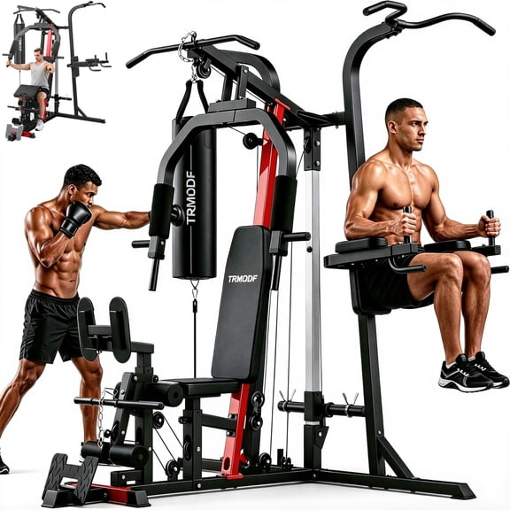 Lnow Home Gym Workout Station, 7-in-1 Smith Machine with Pulley System, Punching Bag, Arm Trainer, and Leg Trainer, Lat Trainer for Full Body Training