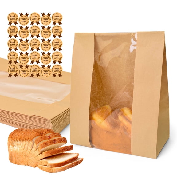 Lnrkai 25 Pcs Bread Bags for Homemade Bread, Large Sourdough Paper Bags With Window, Bakery Bags for Storage Toast & Food Gift Packaging