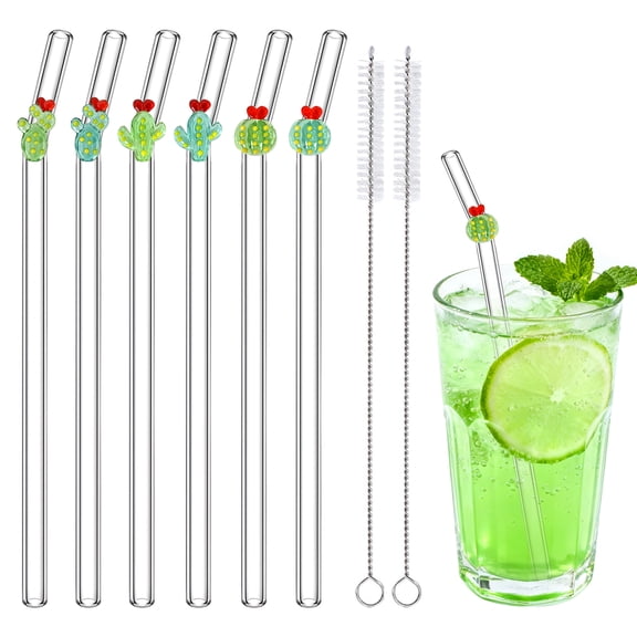 Lnrkai 6 Pcs Reusable Glass Straws Shatter Resistant, 7.9'' Clear Drinking Straw Dishwasher Safe with 2 Brushes for Summer Party Decor Smoothies Juice