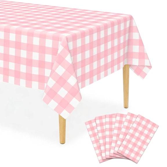 Lnrkai 6 Pcs Tablecloths Disposable, 54 x 108 Inch Pink and White Checkered Tablecloth, Waterproof Plastic Table Covers for Birthday Parties, BBQs