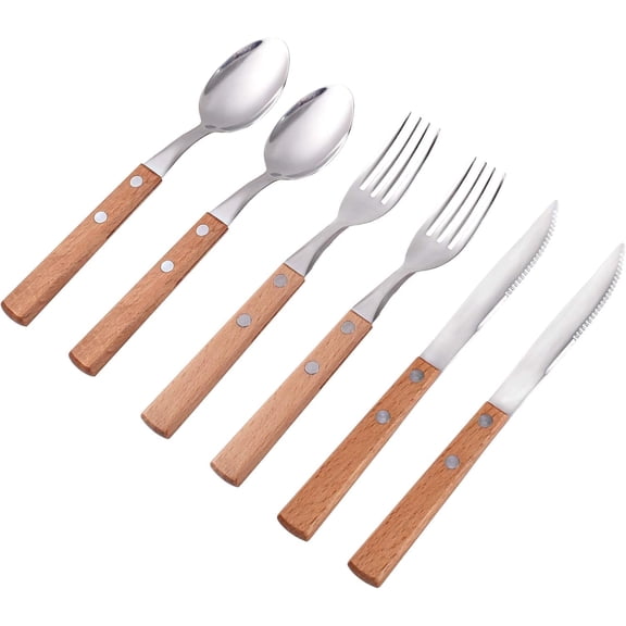 Lnrkai 6 Piece Silverware Set, Stainless Steel Cutlery Flatware Sets Service for 2, Utensils with Wood Handles for Home Kitchen Hotel or Daily Use