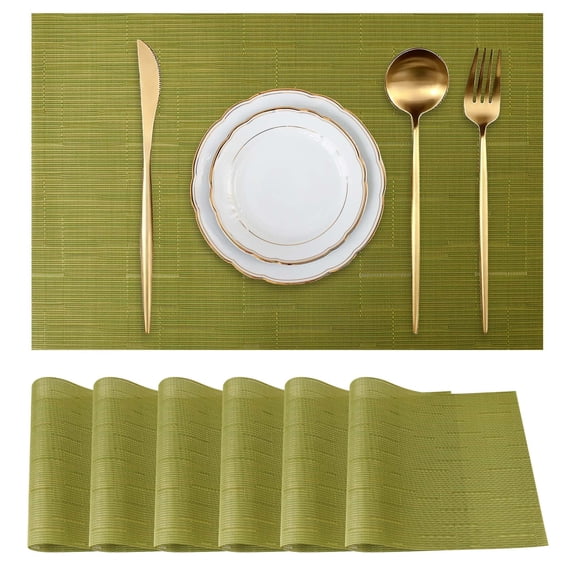 Lnrkai Placemats Set of 6, Heat Resistant Washable Non-Slip PVC Table Mats for Dining Table, Green, 12"x17"