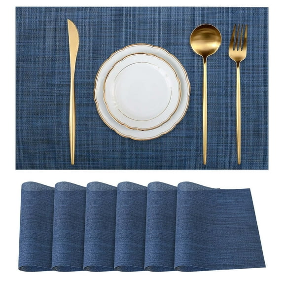 Lnrkai Placemats Set of 6 for Kitchen Dining, Heat Resistant Washable PVC Vinyl Woven Table Mats for Thanksgiving Christmas, Navy Blue, 12"x17"