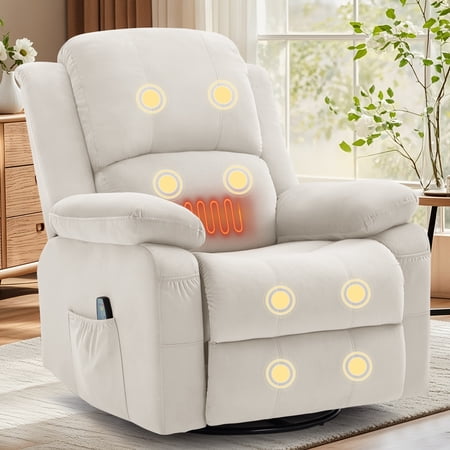 Lnsenfin Manual Swivel Rocker Recliner Chair with Massage Holland Velvet for Living Room,Beige
