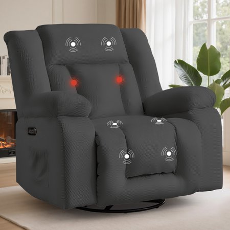 Lnsenfin Massage Power Swivel Rocker Recliner Chair with USB Ports Waffle Fabric for Living Room,Dark Grey