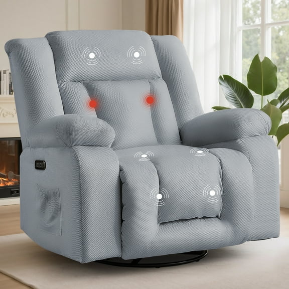 Lnsenfin Massage Power Swivel Rocker Recliner Chair with USB Ports Waffle Fabric for Living Room,Light Grey