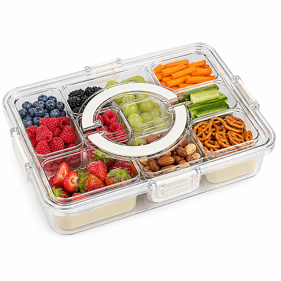 Lnsho Clear Divided Serving Tray with Detachable 8 Compartments & Carry Handle, Food Storage Organizer Box with Secure Lid, Portable Fruit Nut Candy Condiment Container for Picnic Party Fridge Storag