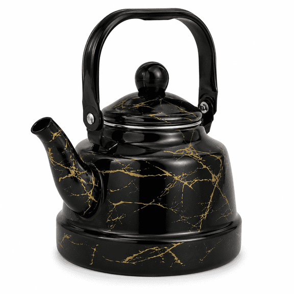 Lnshop 1.1L Black Marble Pattern Enamel Tea Kettle, Vintage Stovetop Teapot with Handle, Non-Whistling Hot Water Kettle for Tea Coffee Kitchen and Home Decor