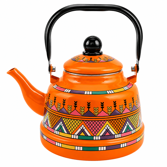 Lnshop 1.1L Orange Geometric Enamel Tea Kettle, Vintage Stovetop Teapot with Handle, Non-Whistling Hot Water Kettle for Gas Electric and Induction Cooktops