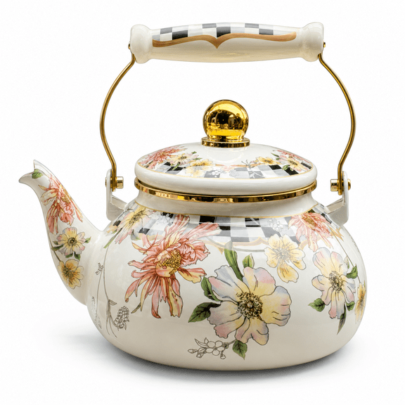 Lnshop Vintage Floral Enamel Tea Kettle, 2.5L / 2.6 Qt Stovetop Teapot with Porcelain Handle, Decorative Hot Water Kettle for Gas, Electric and Induction Cooktops, Cream Flower Kitchen Kettle