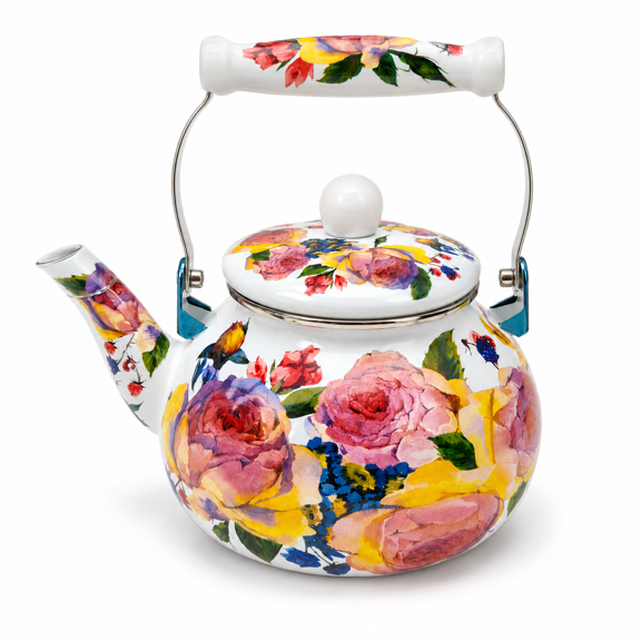 Lnshop Vintage Floral Enamel Tea Kettle, 2.5L Stovetop Teapot with Porcelain Handle, Decorative Hot Water Kettle for Gas and Induction Cooktops, Colorful Flower Kitchen Tea Pot