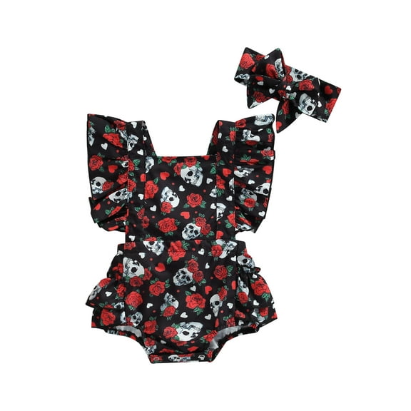 Lnzyyephy 2Pcs Baby Girl Halloween Outfit, Rose Skull Print Square Neck Ruffle Romper and Hairband Set for Infants, 0-24 Months