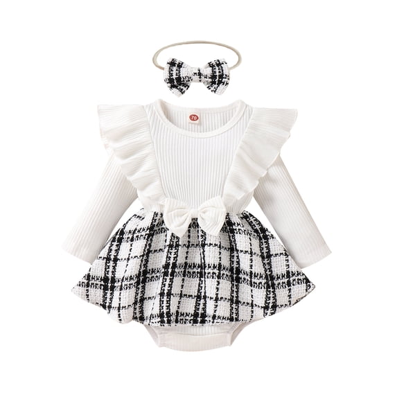 Lnzyyephy Baby Girls Romper Dress Set Casual Ruffle Long Sleeve Plaid Jumpsuits and Headband for Newborn Toddler