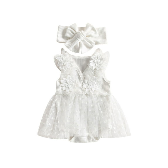 Lnzyyephy Baby Girls Summer Casual Romper White Sleeveless 3D Flower Mesh Patchwork Romper with Headband