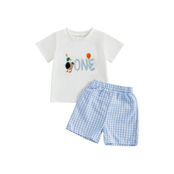 Lnzyyephy Baby Toddler Boy Birthday Outfit Letter Duck Balloon Embroidery Short Sleeve Tops Plaid Elastic Waist Shorts 2 Piece Summer Set