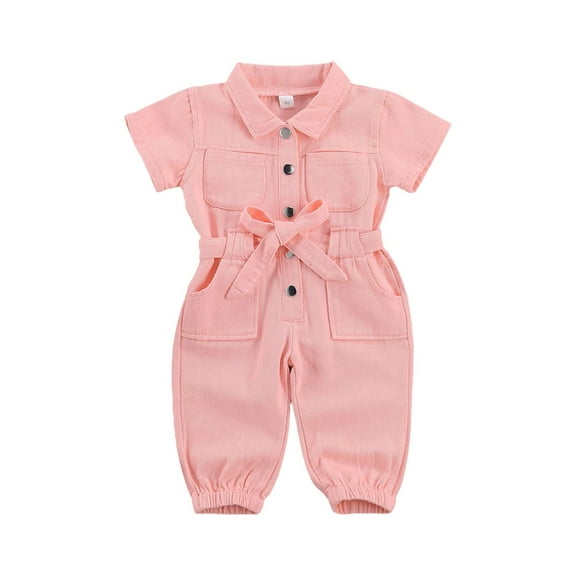 Lnzyyephy Children's Romper Overalls, Little Girl Boy's Solid Color Short Sleeve Long Pants Belted Buttons Jumpsuit with Pockets