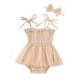 thumbnail image 1 of Lnzyyephy Infant Girls Casual Romper with Headdress, Floral Embroidery Tie-up Off-the-shoulder Jumpsuit with Yarn Hem, 1 of 8