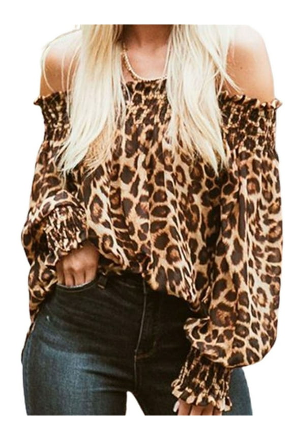 Ladies Sexy T Shirt Top Fashion One Shoulder Leopard Print Long Lantern Sleeve Loose Casual Blouse