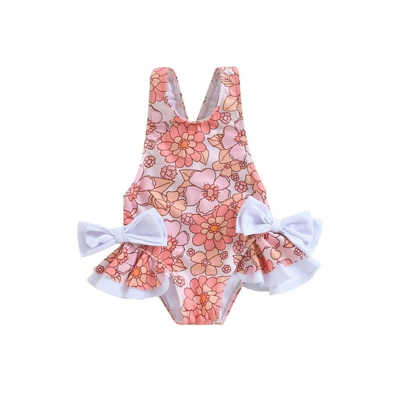 Lnzyyephy Little Girl's Bathing Suit Flower Print 3D Bow Round Neck Sleeveless Frill Trim Swimsuit Toddler Summer Swimwear