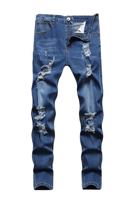 Men Casual Jeans, Solid Color Long Trousers with Broken Holes, S-XXXL