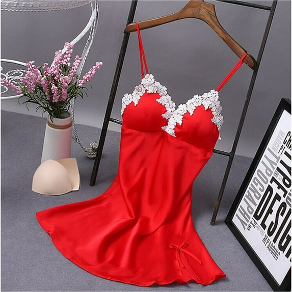 Lnzyyephy Summer Women V-neck Satin Silk Lace Lingerie Night Full Slip Mini Nightgown Sleepwear Dress