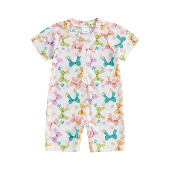 Lnzyyephy Toddler Rash Guard Swimsuit Leaves Dinosaur Bow Pattern Zip Up Short Sleeve Crew Neck Baby Swimwear