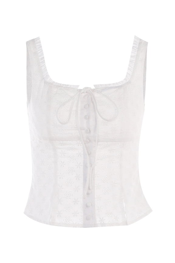 Women Button Tank Tops Ruffle Trim Eyelet Cutout Crop Tops Summer Sleeveless Basic Vest Aesthetic Clothes for Streetwear