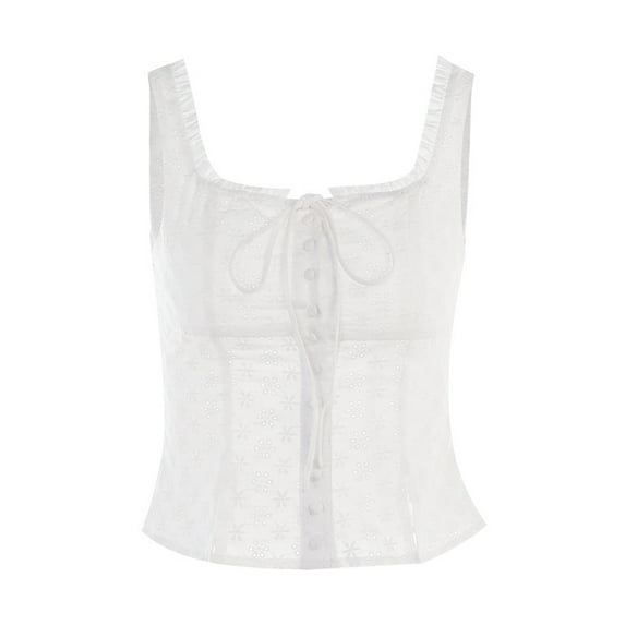 Lnzyyephy Women Button Tank Tops Ruffle Trim Eyelet Cutout Crop Tops Summer Sleeveless Basic Vest Aesthetic Clothes for Streetwear