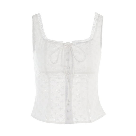 Lnzyyephy Women Button Tank Tops Ruffle Trim Eyelet Cutout Crop Tops Summer Sleeveless Basic Vest Aesthetic Clothes for Streetwear