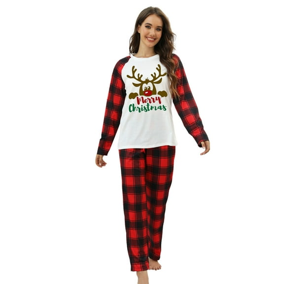 Lnzyyephy Women Christmas Pajama Set Casual Long Sleeve Round Neck Tops and Plaid Pants 2 Piece Sleepwear Loungewear