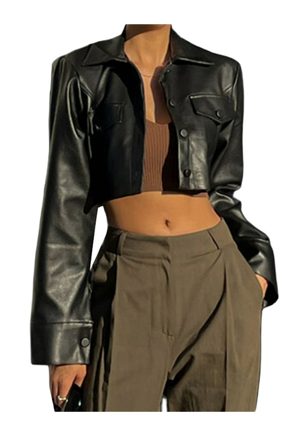 Women Crop Leather Jacket Solid Color Casual Long Sleeve Button Down Jacket Fall Outwear