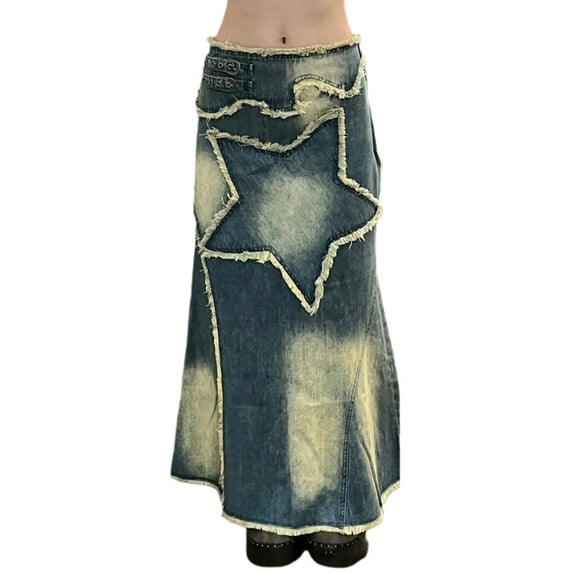 Lnzyyephy Women Denim Half Dress, Vintage Style Star Patchwork Party Club Spring Fall Summer Long Skirt