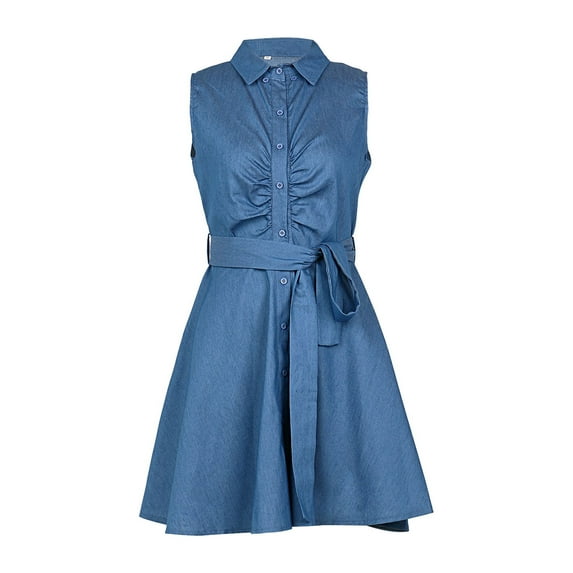 Lnzyyephy Women Dress, Solid Color Sleeveless Folded Collar Button-Down Slim A-Shaped, Loose Dress with Waist Belt for Beach, Vacation