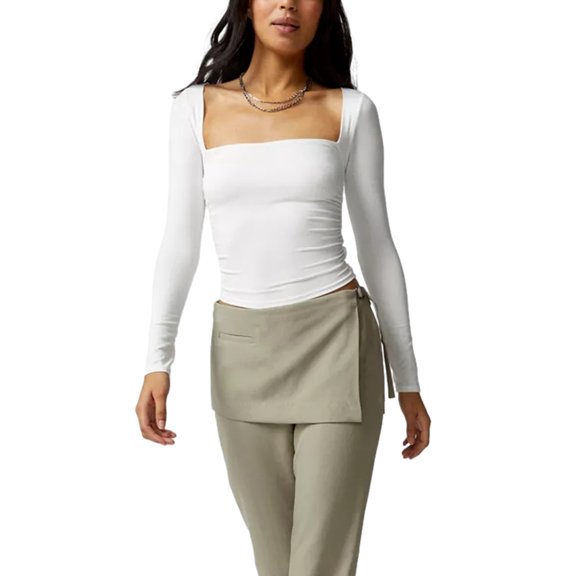 Lnzyyephy Women Fashion Short T-Shirts Solid Color Square Neck Long Sleeve Shirts Spring Fall Slim Fit Tops Streetwear