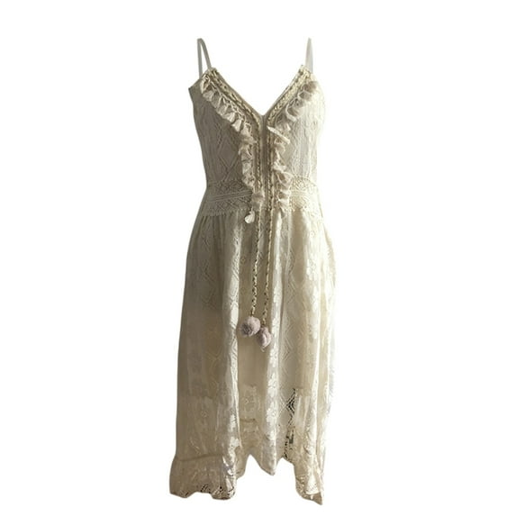 Lnzyyephy Women Lace Hem Dress, Deep V-neck Sleeveless Beachwear, Summer Skirt, Beige/ White