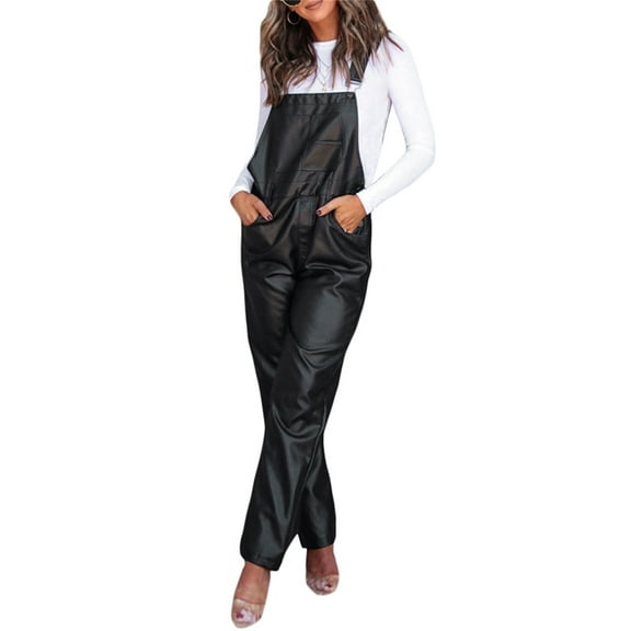 Lnzyyephy Women Leather Bib Overalls Solid Color Loose Casual Sleeveless Cargo Straight Leg Jumpsuit Romper with Pockets