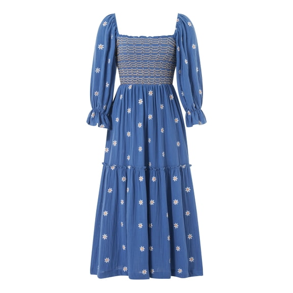 Lnzyyephy Women Long Dress, Long Sleeve Dress Square Neck Embroidery Flower Loose Swing Dress