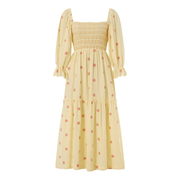 Lnzyyephy Women Long Dress, Long Sleeve Dress Square Neck Embroidery Flower Loose Swing Dress