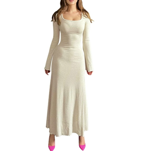 Lnzyyephy Women Long Dress, Long Sleeve Dress Square Neck Solid Slim Fit Fall Dress for Daily Street