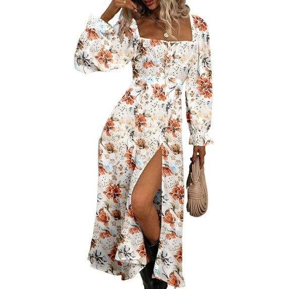 Lnzyyephy Women Long Dress, Long Sleeve Square Neck Tie-up Floral Dress Slit Dress Fall Swing Dress