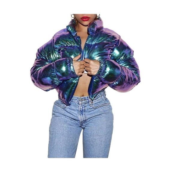 Lnzyyephy Women Quilted Puffer Jackets, Long Sleeve Stand Collar Metallic Cropped Down Jackets