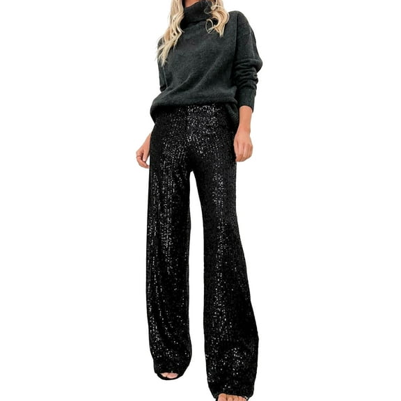 Lnzyyephy Women Sequins Wide Leg Pants Shiny Loose Casual Elastic High Waist Trousers for Work Office Streetwear